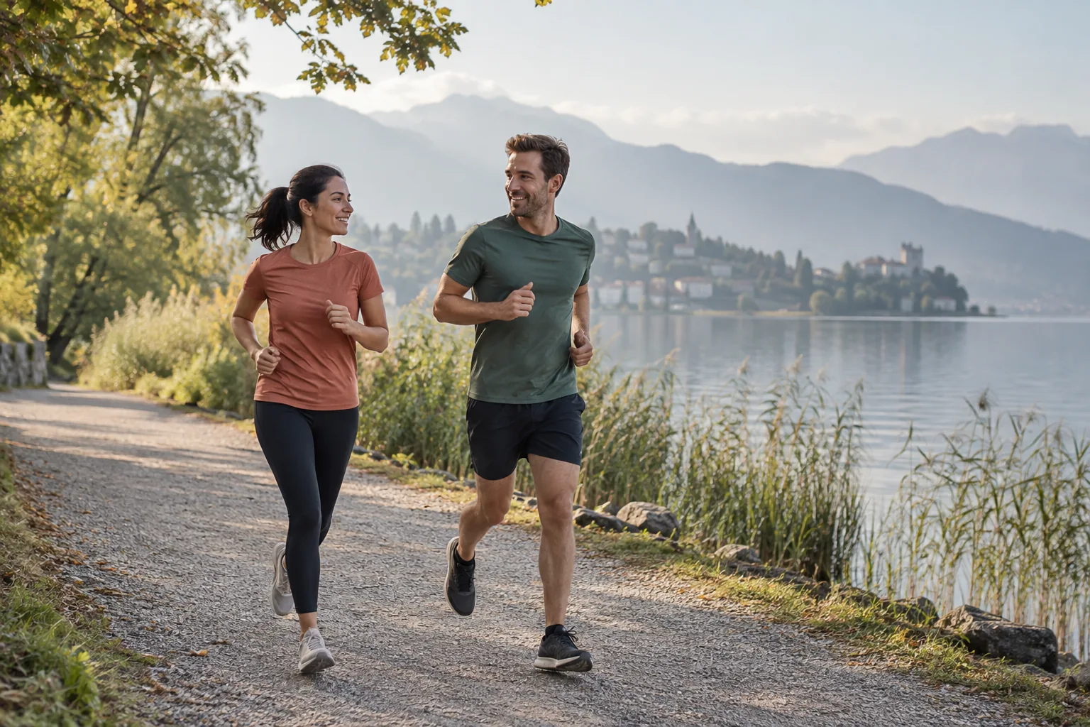 Deux adultes courent ensemble au bord du lac.