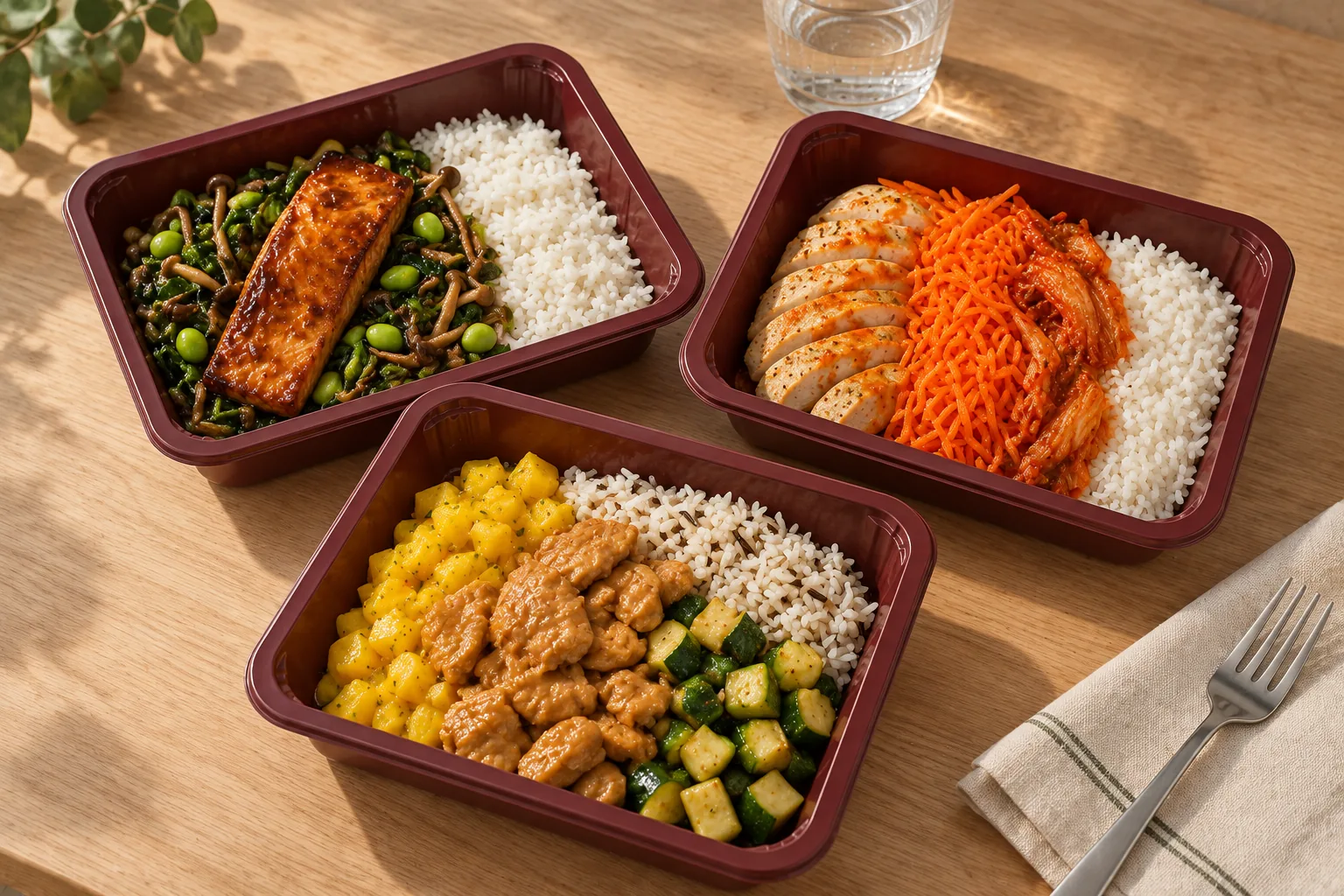 Three different meals in individual trays: teriyaki salmon, gochujang chicken and Planted with mango.
