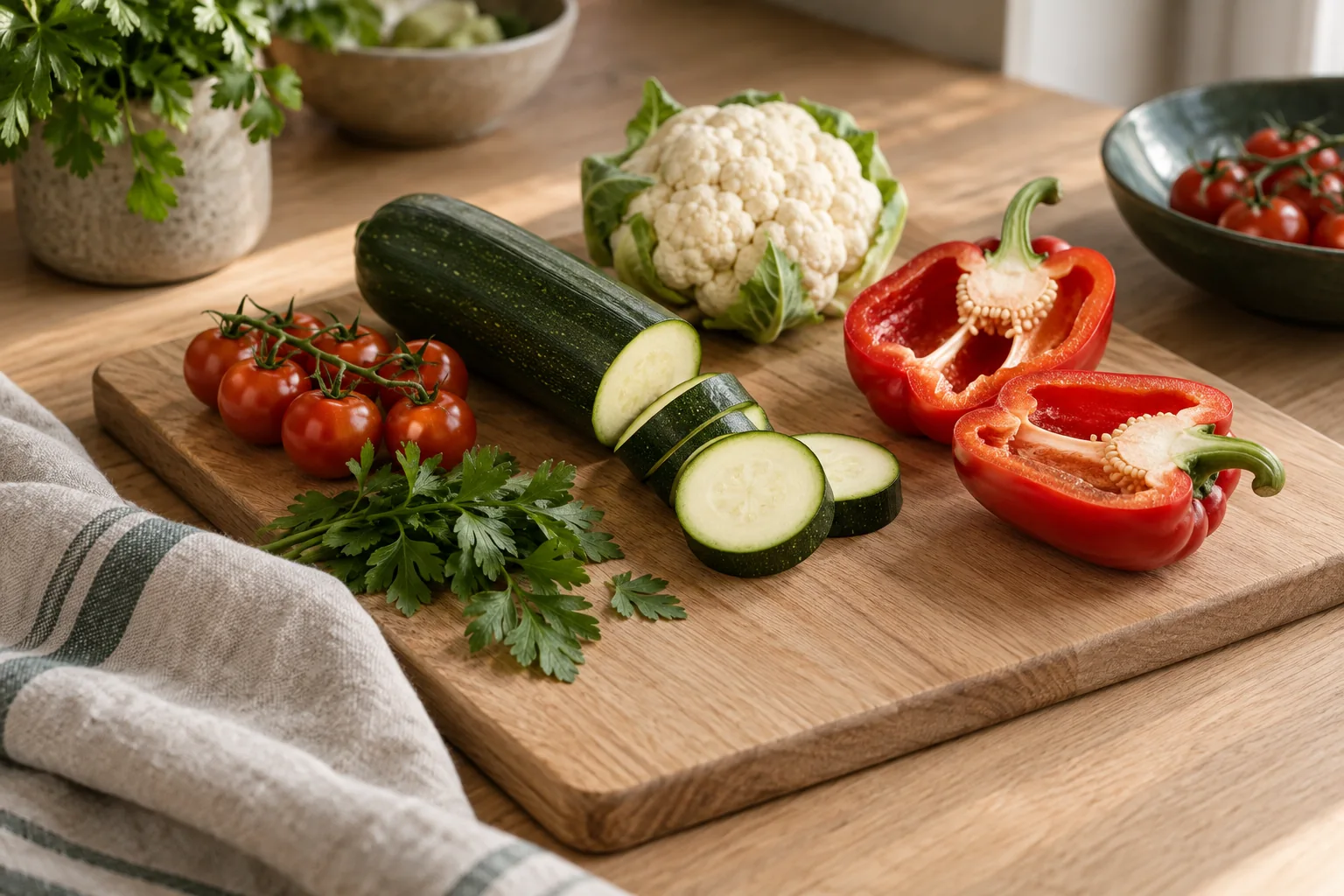 Courgette, poivron, chou-fleur, tomates et persil frais sur une planche en bois.