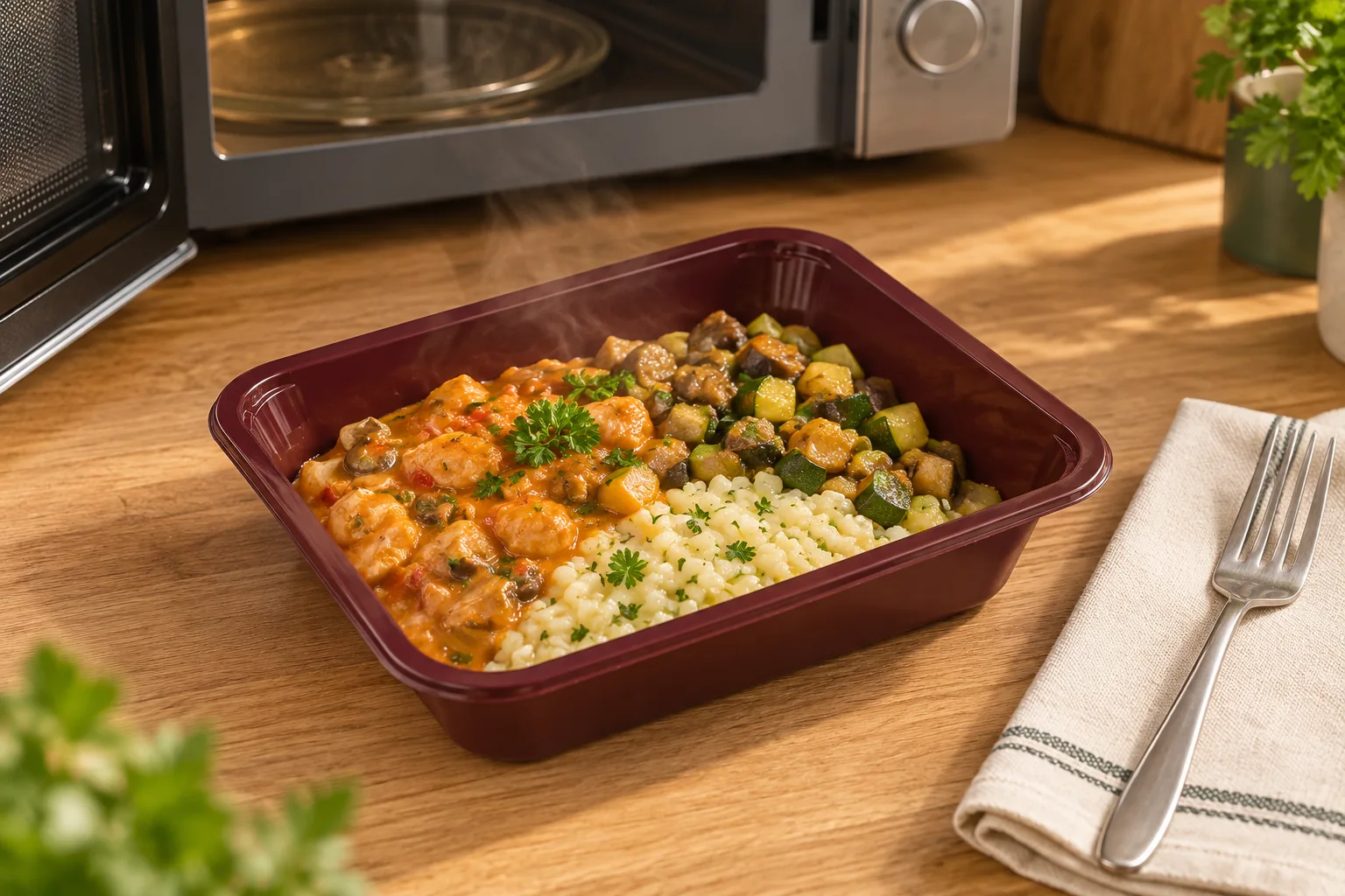 A hot Basque-style chicken meal in its burgundy tray beside the microwave.