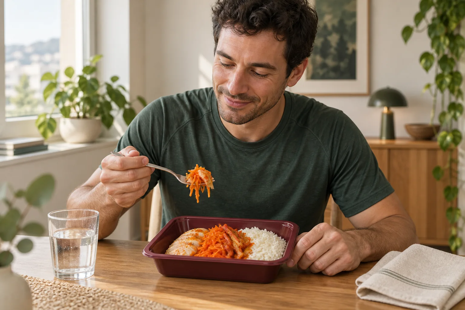 A man enjoying gochujang chicken, rice and vegetables from an individual meal tray at home.