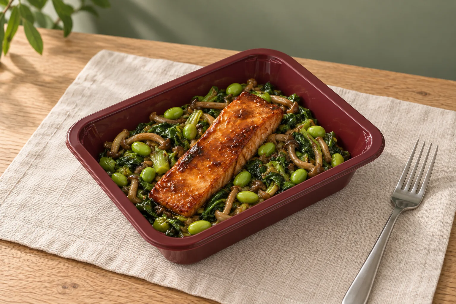 Saumon teriyaki avec pak-choï, edamame et champignons dans une barquette bordeaux.