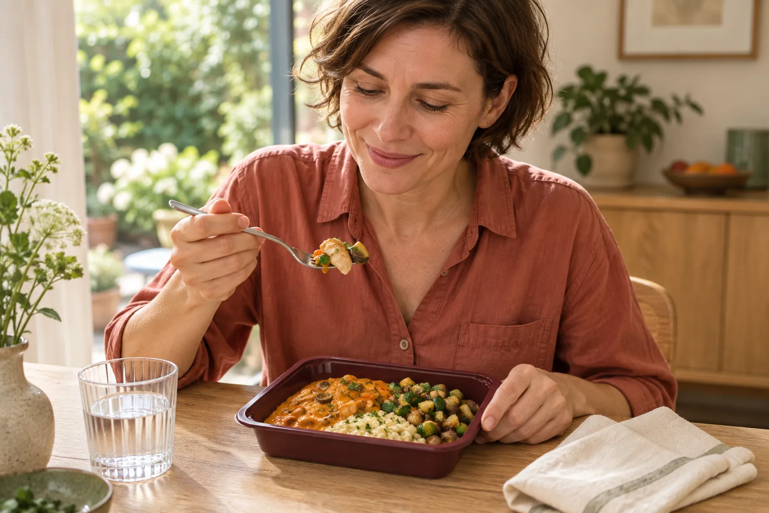 Une femme déguste son poulet à la basquaise, risotto de céleri et légumes.