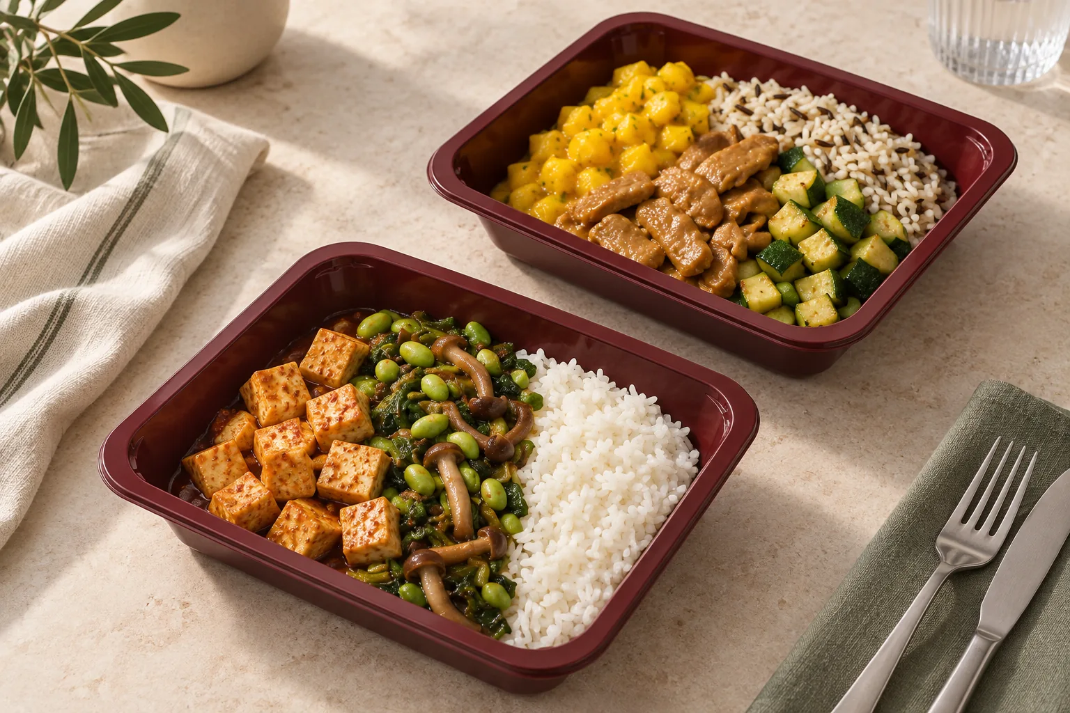 Deux repas végétaux en barquettes : tofu teriyaki et Planted à la mangue, accompagnés de riz et de légumes.