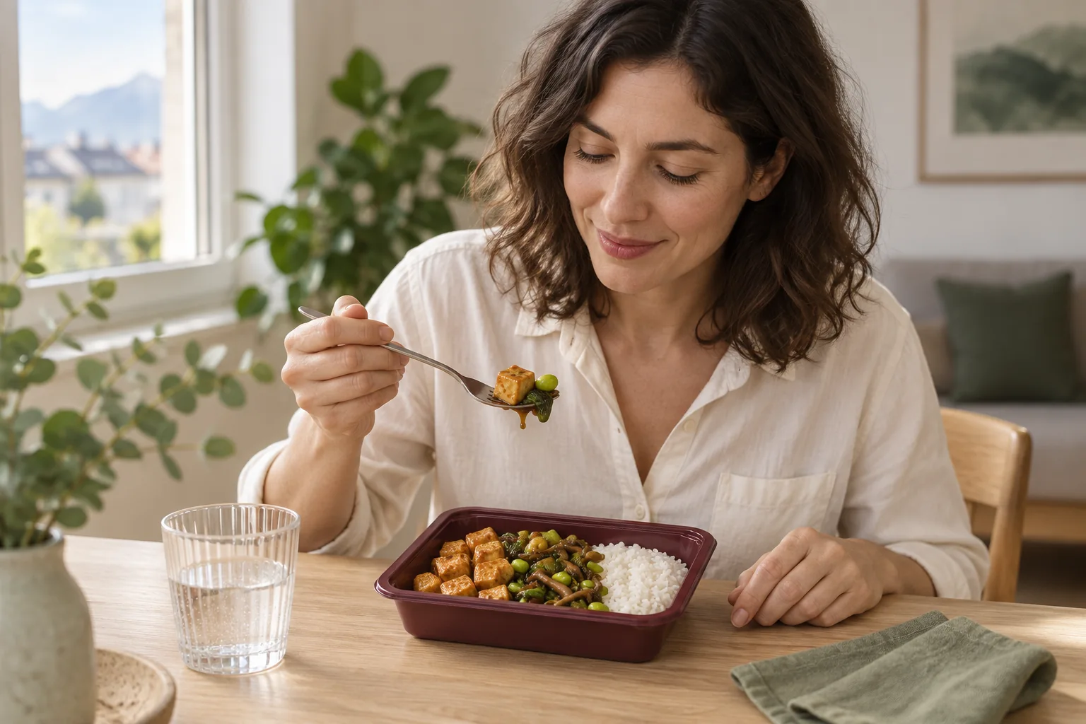 Une femme déguste du tofu teriyaki avec du riz et des légumes à la maison.